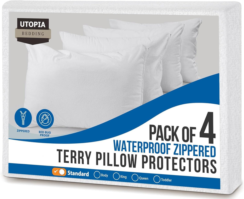 Utopia Bedding Waterproof Pillow Protectors - Set of 4 Standard Size, Zippered Terry Covers | Bed Bug & Dust Mite Proof