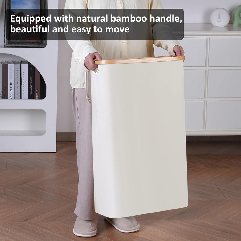Skiennix Slim Laundry Hamper - 60L Narrow Design with Lid & Bamboo Handle - Beige for Clothes & Toys