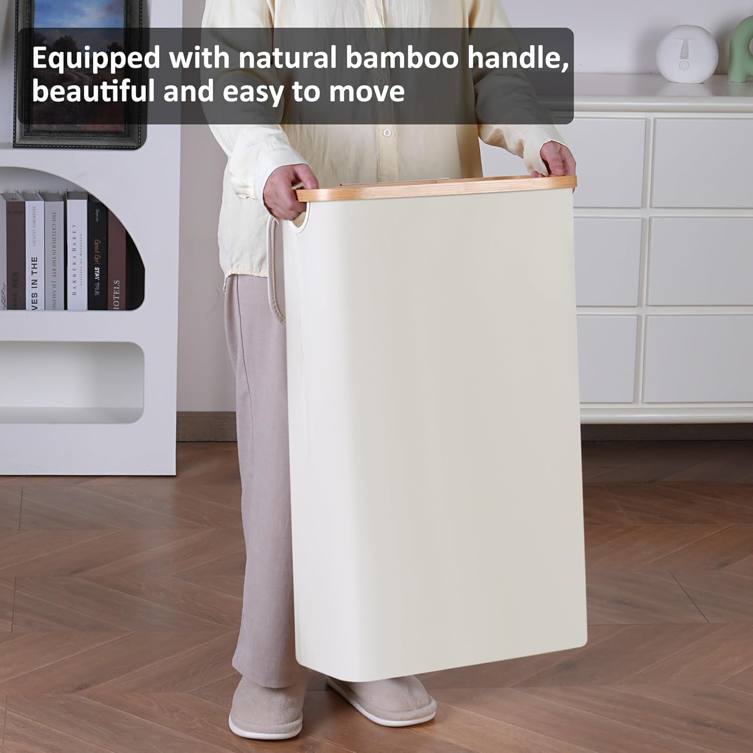 Skiennix Slim Laundry Hamper - 60L Narrow Design with Lid & Bamboo Handle - Beige for Clothes & Toys