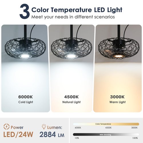 Miuyhji Black Outdoor Ceiling Fans with LED Light, 15" Waterproof Gazebo Fan Plug in Caged Industrial Fandelier Ceiling Fan with Remote, 6 Speeds Adjustable Height Fan for Bedroom Living Room Pergola