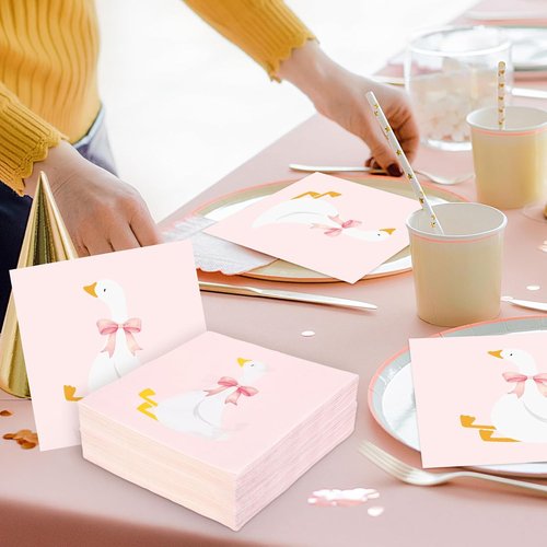 FYSUIMU Disposable Paper Napkins - Cute Pink Bow Goose Design | 50 Pcs for Birthday & Baby Shower Parties