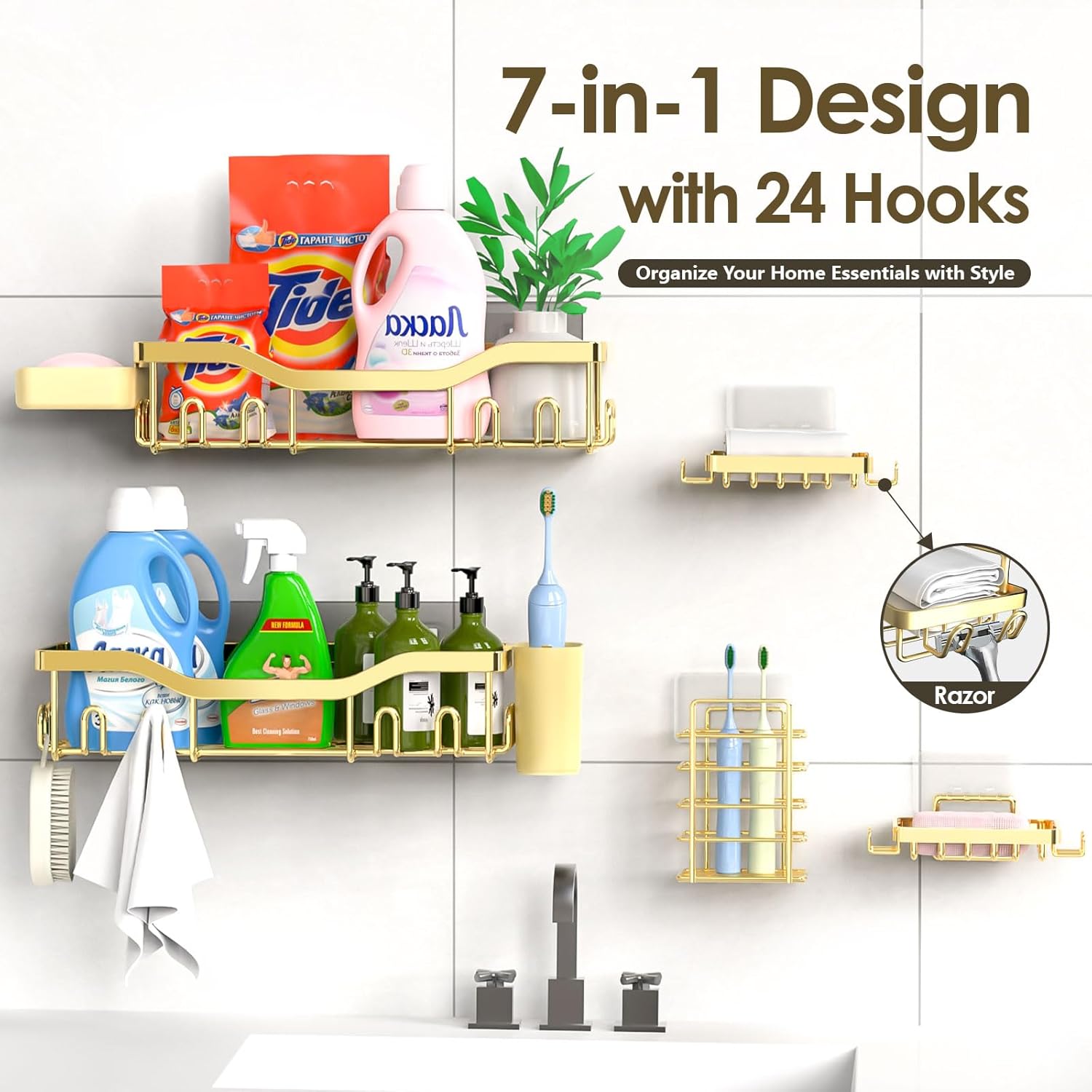 NESOMI Shower Caddy - Rustproof Stainless Steel Organizer with Large Capacity | 7-Pack No-Drill Rack Accessories