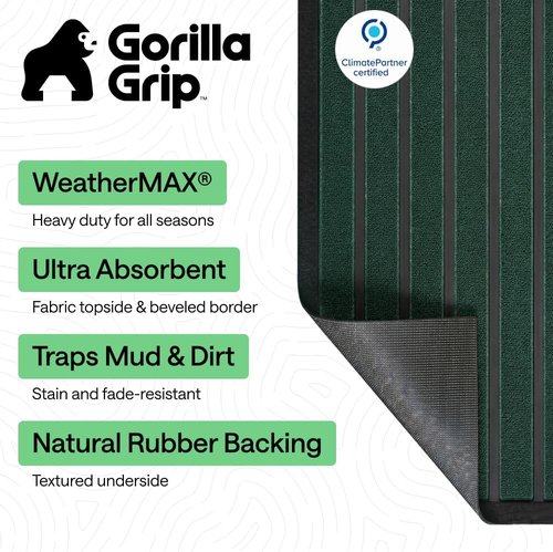 GORILLA GRIP Waterproof All-Season WeatherMAX Doormat - Natural Rubber, Stain Resistant, 29x17, Green Stripe