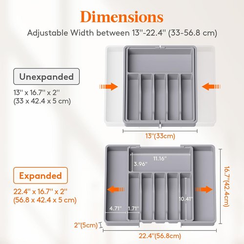 Lifewit Expandable Silverware Drawer Organizer - BPA Free Utensil Tray for Kitchen | Adjustable Gray 33-57 x 42cm