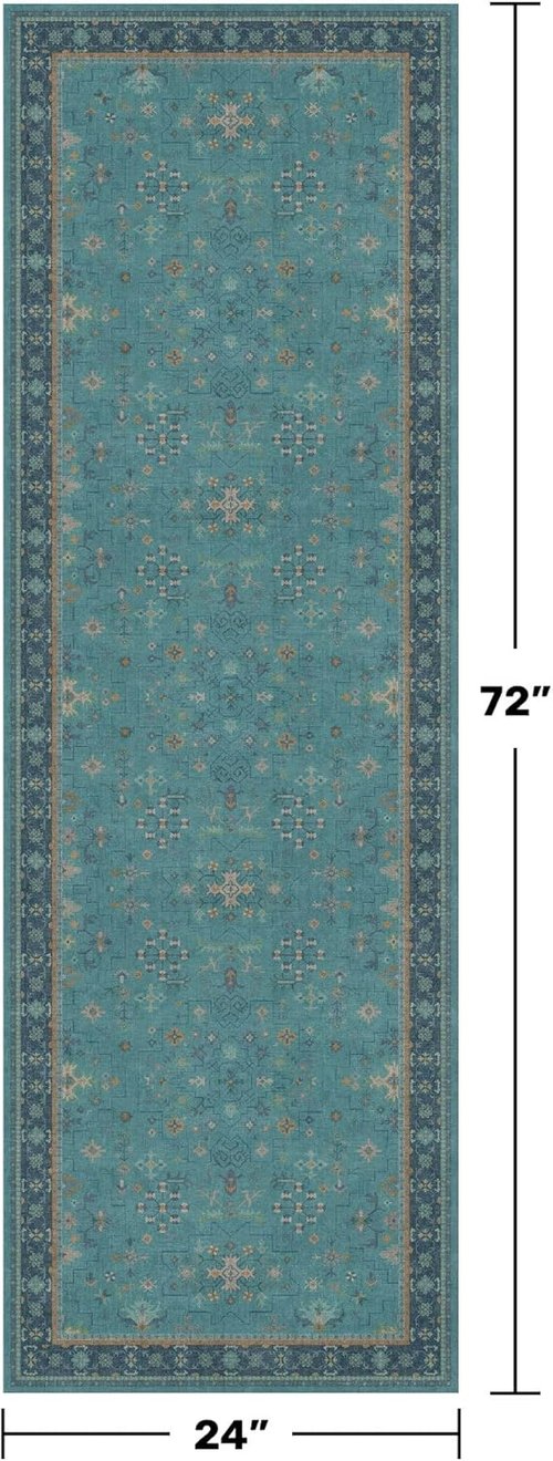 Hazo Haus Boho Kitchen Rug Runner - Non-Slip Teal Washable Design for Bathroom & Hallway