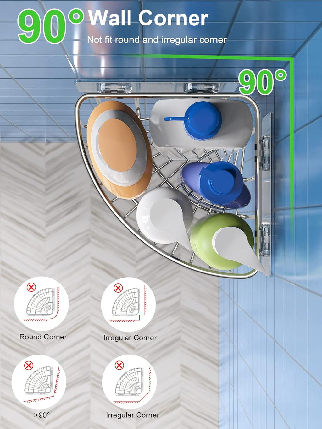 SMARTAKE Corner Shower Caddy - Deep Basket Design, Wall Mounted SUS304 Stainless Steel Organizer | Silver 2-Pack