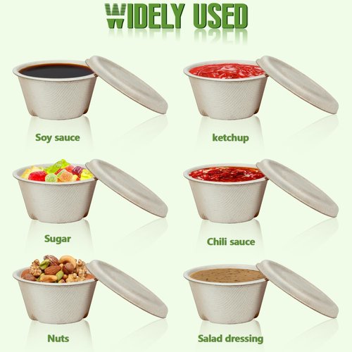 Vmiapxo 100 Sets 2oz Natural Bagasse Fiber Condiment Cups with Lids, Compostable Sauce Condiment Containers Disposable Paper Dishes Serving Sample Cups for Snack Tasting Charcuterie