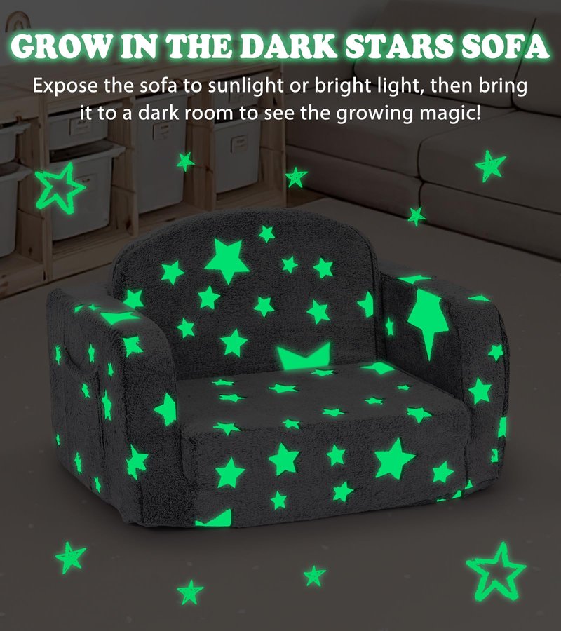 Kids Couch, 2-in-1 Soft Toddler Couch Fold Out with with Blanket and Cloud Pillow, Glow in The Dark, Toddler Chair Comfy, Convertible Sofa, Gifts for Kids Girl Boys, Medium Grey Star