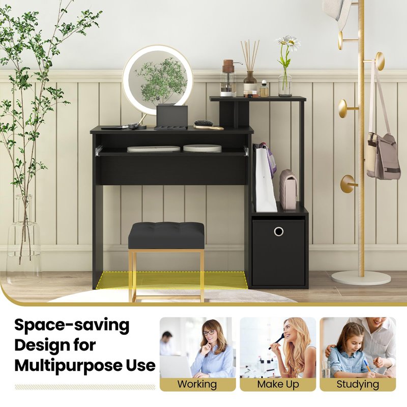 Tangkula Computer Desk with Fabric Drawer & Keyboard Tray, Space-Saving Study Writing Desk with Open Storage Shelves & Printer Stand, Modern Home Office Computer Workstation for Small Spaces (Black)