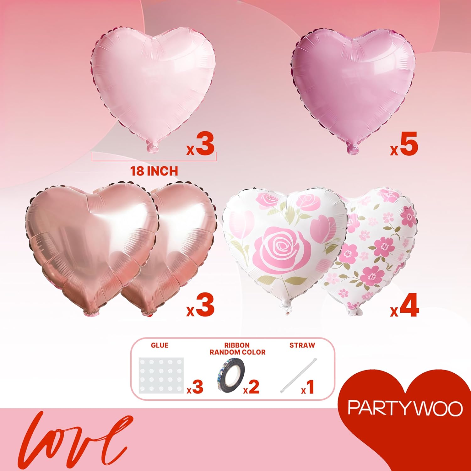 PartyWoo Pink Balloons - 127 Pcs in Various Sizes with Heart Foil for Valentine's Day Decor