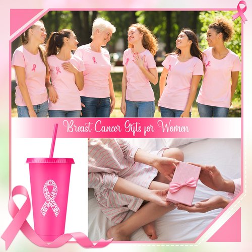 Bokon 12 Pcs Breast Cancer Gifts for Women, 24oz Breast Cancer Awareness Tumblers with Straws and Lids Plastic Pink Ribbon Water Bottles Bulk Reusable Pink Cups Coffee Mugs for Women (Classic)