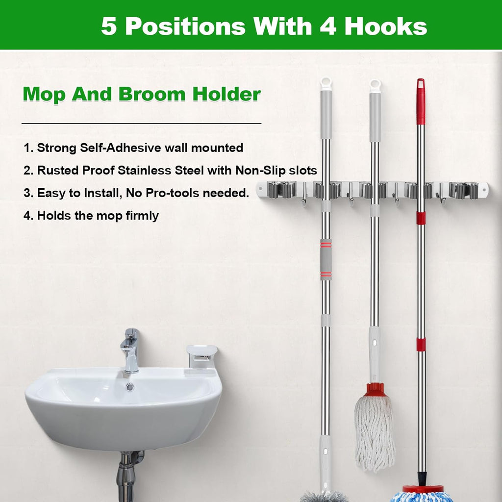 Voze Mop and Broom Holder - 5 Racks & 4 Hooks, Heavy-Duty Self-Adhesive Organizer | Silver
