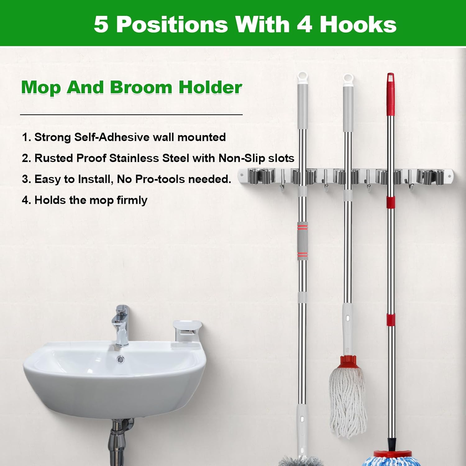 Voze Mop and Broom Holder - 5 Racks & 4 Hooks, Heavy-Duty Self-Adhesive Organizer | Silver