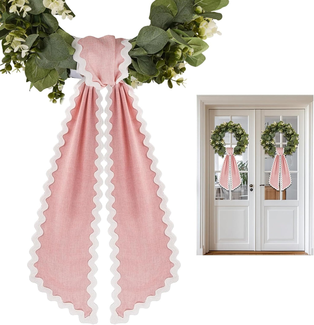 Skiennix Scalloped Wreath Sash - Ruffle Ribbon Bow for Front Door Decor | Pink & White, 2 Pcs