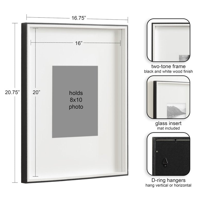 Kate and Laurel Gibson Modern Wall Picture Frame Set of 3; 16x20 matted to 8x10; White and Black; Three-Piece Frame Set for Gallery Wall Frame Set in Living Room Wall Décor