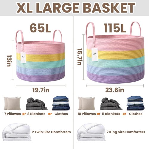 JMvicyroam 65L Extra Large Blanket Basket - Woven Cotton Rope Laundry Hamper with Handles | Machine Washable Rainbow Storage Bin for Pillows & Toys