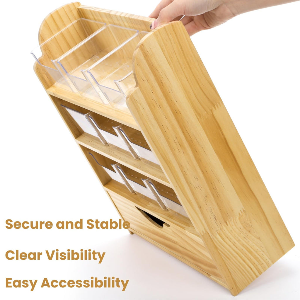 Tlence 4 Tier Wood Tea Bag Organizer, 15"x12.3"x4.5" Vertical Tea Storage Holder, Teabag Station Stand with 9 Plastic Box, Tea Packet Rack with Slide Drawer, Teabag Cabinet Shelf for Sugar and Creamer