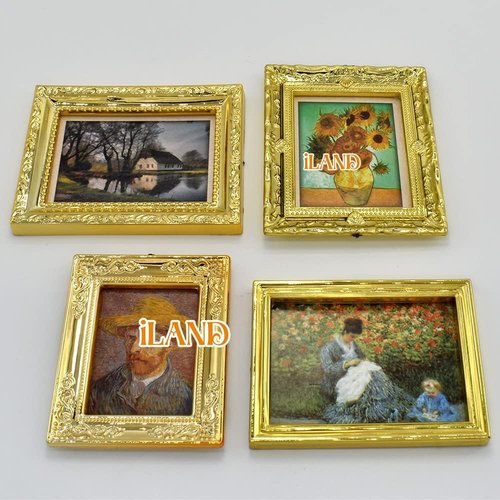 iLAND Miniature Dollhouse Accessories - 1:12 Scale Furniture & Classic Paintings Set (4 Golden Frames)