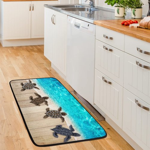 Beach Wooden Turtle Kitchen Mat Cushioned Anti-Fatigue Kitchen Rug, Ocean Sea Turtle Non-Slip Kitchen Mats and Rugs Washable Floor Comfort Runner Mat for Home Sink Laundry Bathroom 39" X 20"