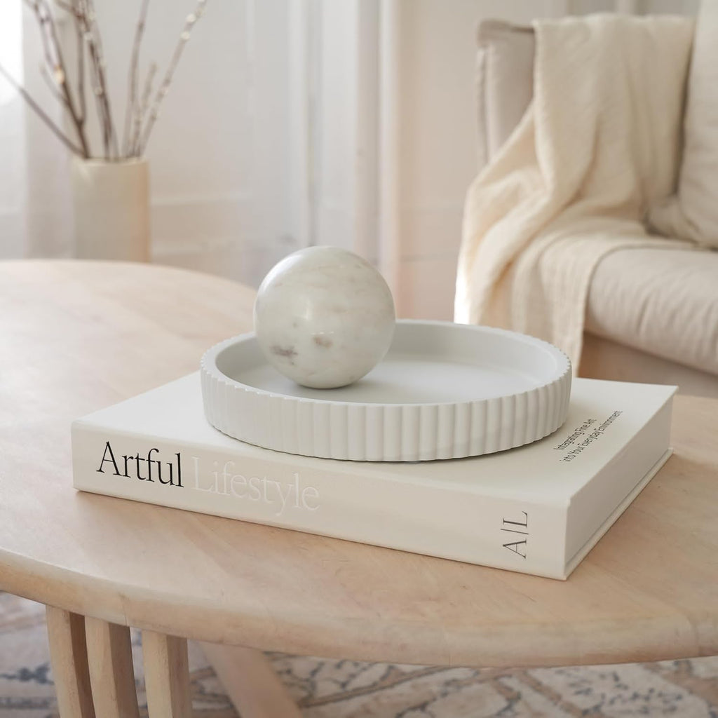 Skiennix Decorative Concrete Tray Set | Scalloped Design & Linen Box for Stylish Home Decor - Perfect for Living Room or Housewarming Gift