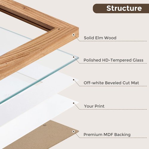Fun Memories 16x20 Picture Frame, Solid Elm Wood Photo Frame with Tempered Glass, 16"x20" Frame matted to 11x14, Rustic Picture Frames, 16 by 20 Poster Frame for Wall Decoration, Natural, 1 Pack