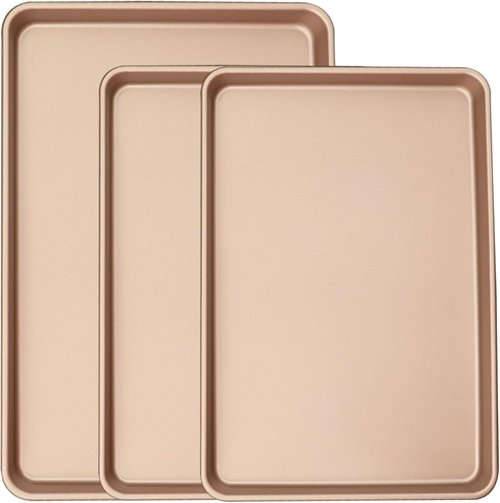 Heavy Duty 3-Pack Nonstick Carbon Steel Baking Sheet Set - Large 17.8"x12" & Medium 15.7"x10.8" Gold Pans for Oven & Roasting