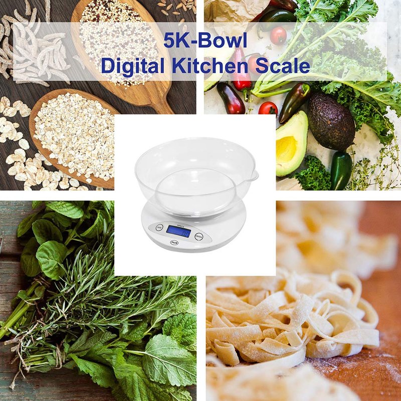 American Weigh Scales Digital Kitchen Bowl Scale, Backlit LCD Display, Auto Off Function, Removable Bowl Design White5KBOWL-WT