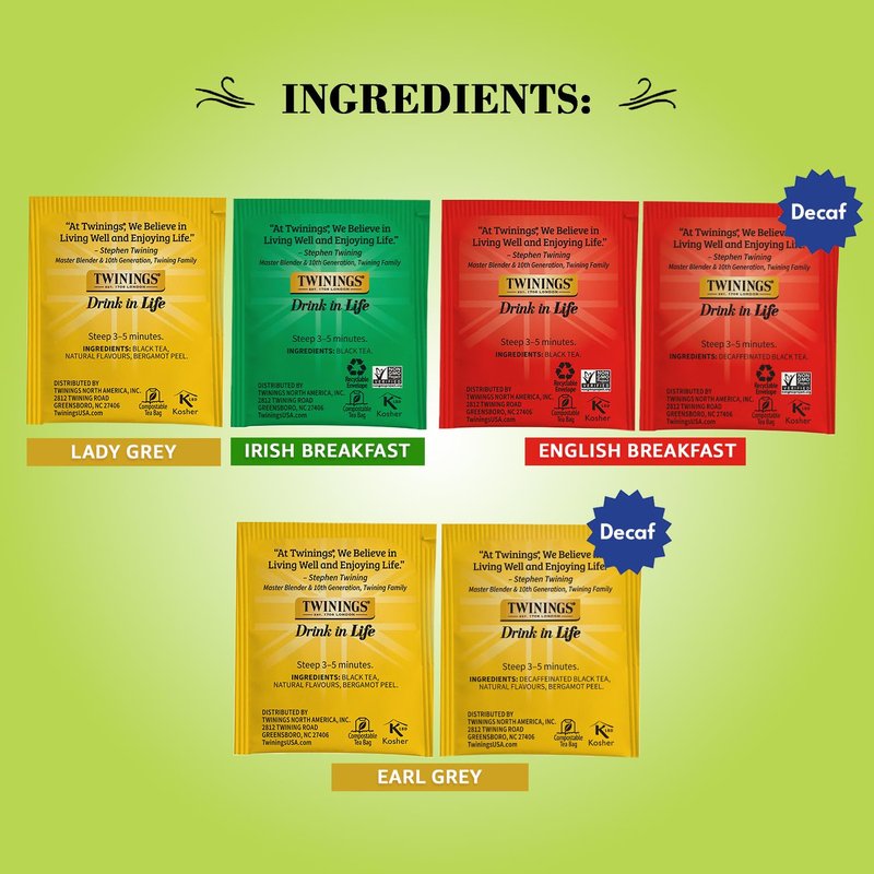 Twinings Tea Variety 6-Pack – Earl Grey, English Breakfast, Irish Breakfast, Decaffeinated Earl Grey, Decaffeinated English Breakfast, Lady Grey Tea Bags, 20 Count Each