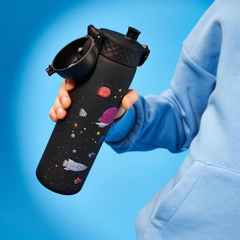 Ion8 Water Bottle, 500 ml/18 oz, Leak Proof, Easy to Open, Secure Lock, Dishwasher Safe, BPA Free, Hygienic Flip Cover, Carry Handle, Easy Clean, Odor Free, Carbon Neutral, Black, Spaceships Design