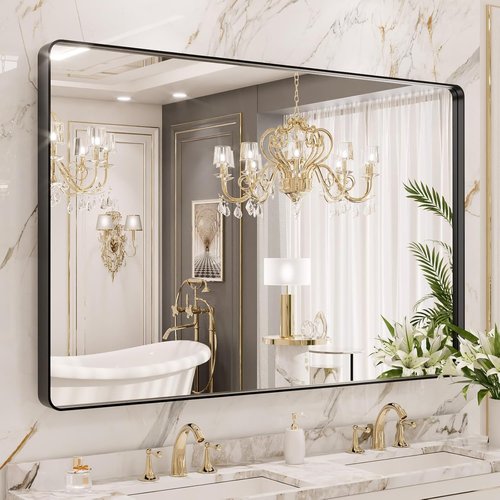 LOAAO Black Metal Framed Bathroom Mirror - 48x40 Inch Large Rounded Rectangle, Anti-Rust Tempered Glass