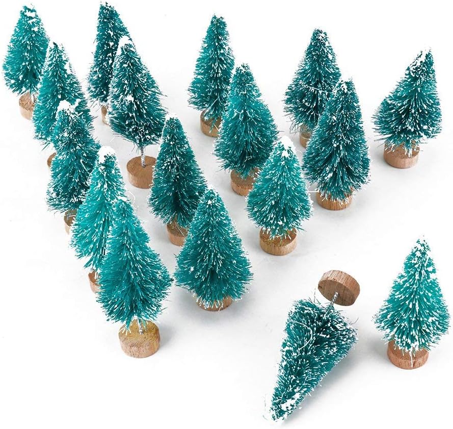Skiennix Artificial Mini Sisal Christmas Trees - Snow Frosted with Wooden Bases | 20 Pcs in Blue-Green
