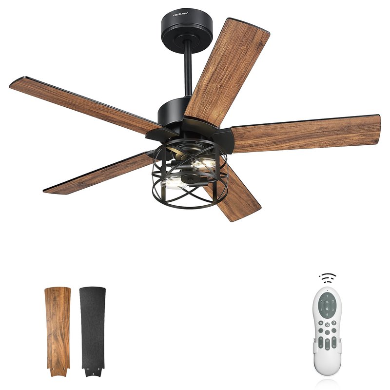 YOUKAIN 42 Inch Ceiling Fan with Lights and Remote, DC Motor 35dB Quiet, Black Farmhouse Ceiling Fan with 5 Reversible Blades for Small Room Bedroom, 42-YJ632-BKW