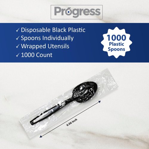 Progress Plastic Cutlery Individually Wrapped Spoons Heavy Duty Disposable [1000 Count- Bulk ] Strong & Durable Black for BBQ Party Supplies Restaurants Office all events Plasticware Disposable Spoons