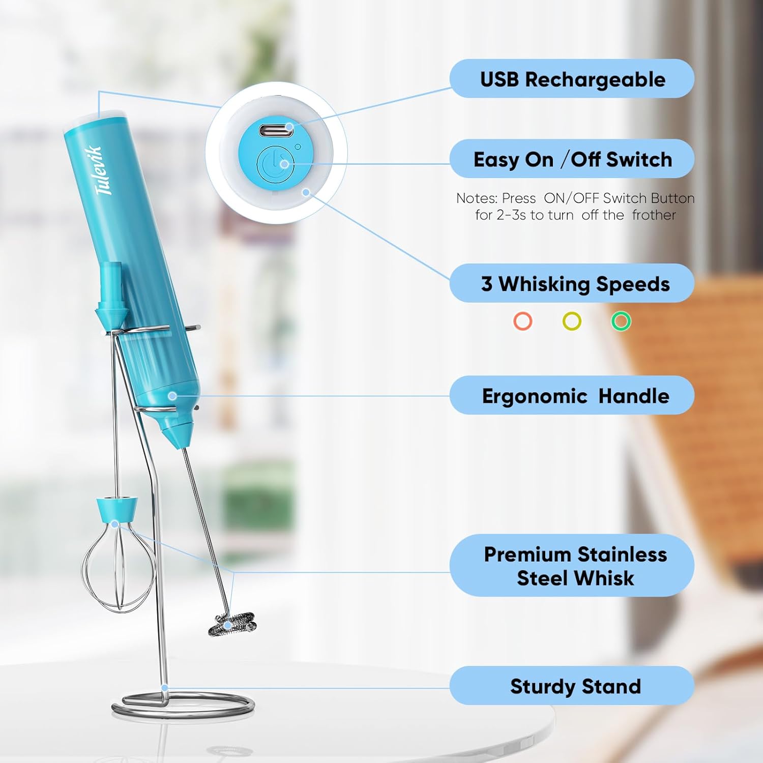 Skiennix Handheld Milk Frother - Electric Whisk with 3 Speeds & USB Rechargeable | Mini Frother for Coffee, Latte, Cappuccino - Blue