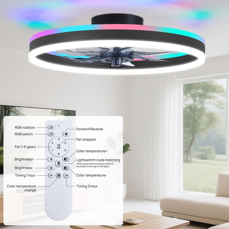 ORITHAM RGB Ceiling Fans with Lights, 16" Fandelier Low Profile Ceiling Fan with Light, Modern Flush Mount Ceiling Fan Light with Remote/APP Control, Bedroom Chandelier Fan Fixture for Indoor(Black)