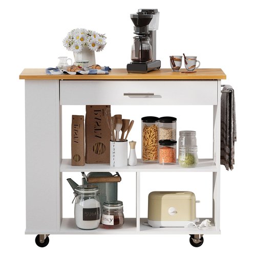 Shintenchi Kitchen Island on Wheels with Storage, Wheeled Island & Cart with 3-Tier Spice Rack, 3 Open Shelves and 1 Drawer, White