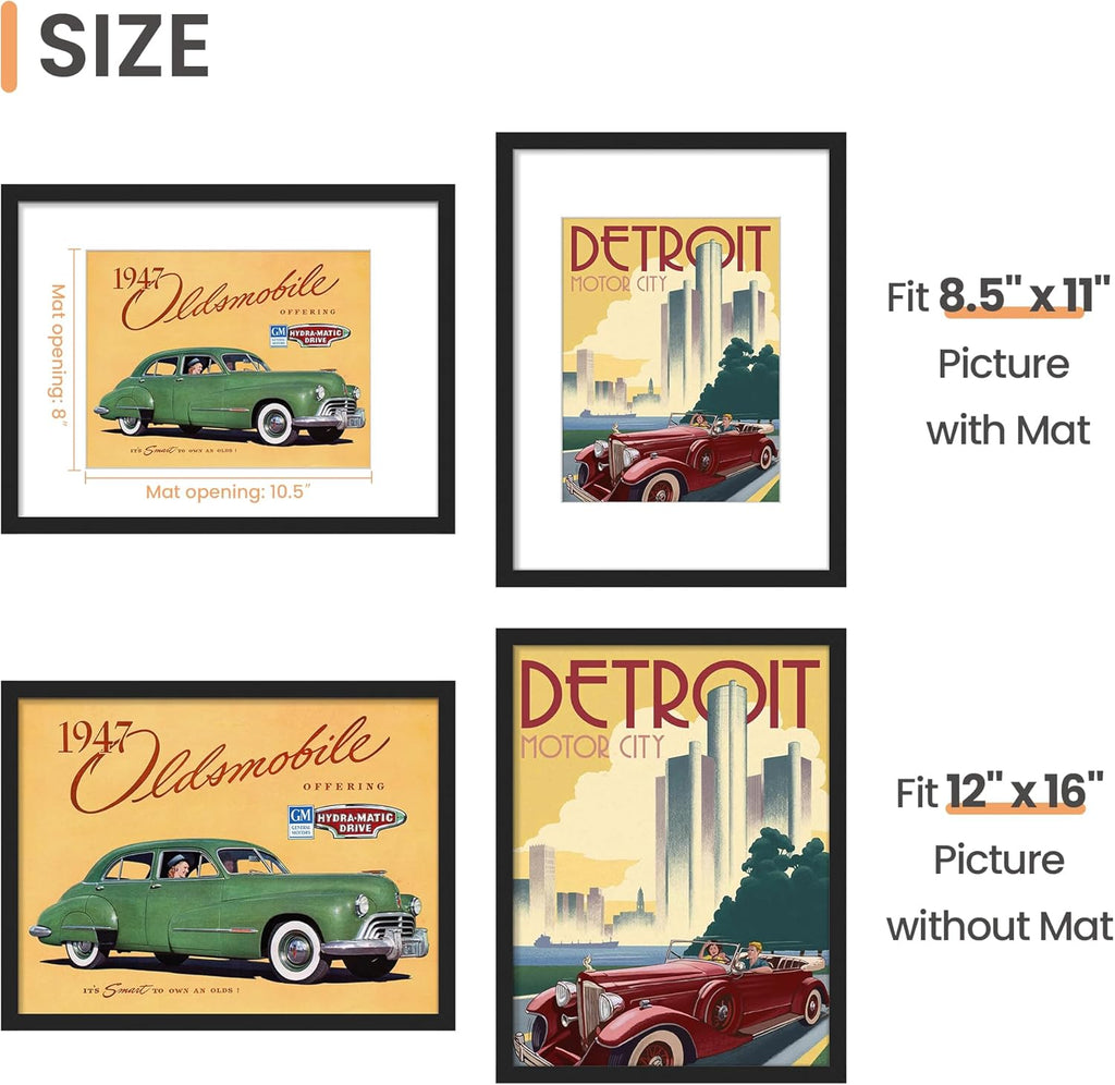 Upsimples 12x16 Picture Frame - Versatile Display for 8.5x11 Photos with Mat or 12x16 Without Mat - Black