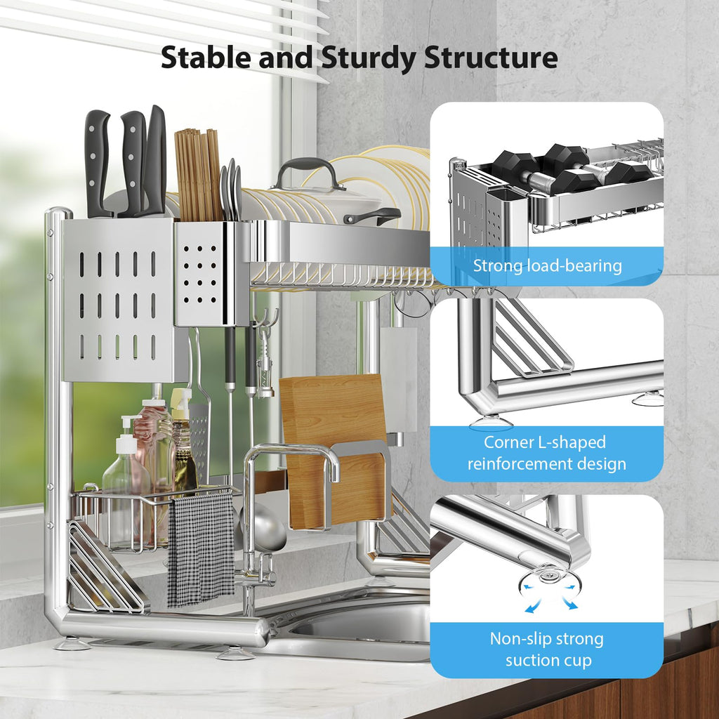 Shrivee Over The Sink Dish Drainer Drying Rack, 2 Tier Adjustable Width (20.87'' to 37.6'') 304 Stainless Steel Large Over Sink Dish Drying Rack for Kitchen Counter Organizer, (Silver)