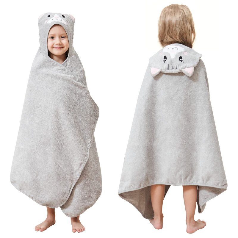 Style Quarters 100% Cotton Kids Hooded Bath Towel with Embroidery - Large 50"x24" Soft Terry Toddler Beach Towel, Cartoon Cat Hooded Towel for Boys & Girls (Grey Cat)