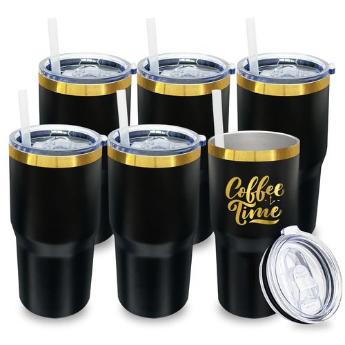 20 oz Tumbler Bulk 6 Pack Stainless Steel Tumblers with Lids and Straws, Double Wall Vacuum Insulated Travel Coffee Mug for Laser Engrave, Powder Coated Cups for Hot and Cold Drinks (Black,6 pack)