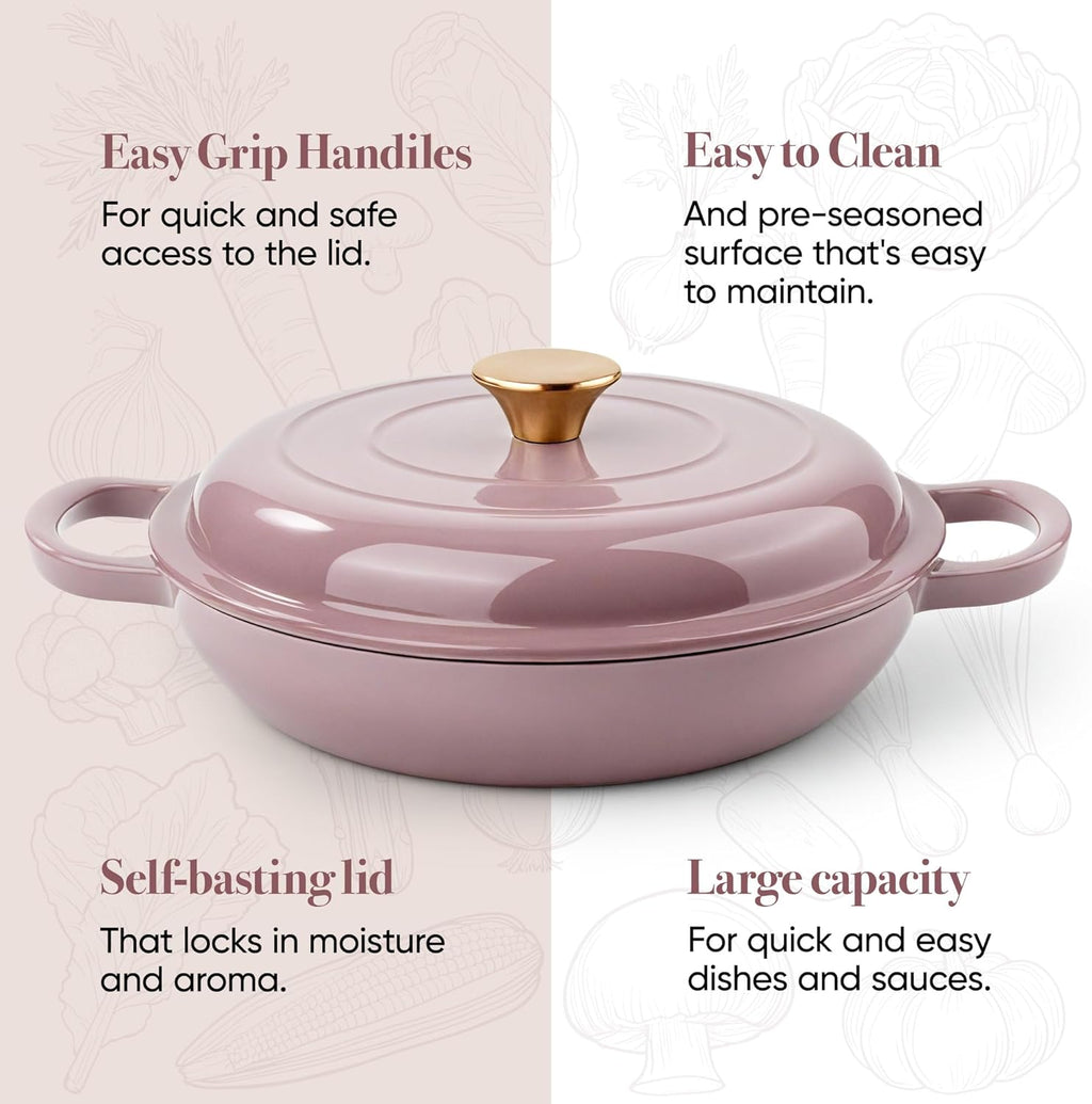 Skiennix Vintage Style Enameled Cast Iron Braiser - Non-Stick Dutch Oven Skillet with Lid | 3 Quart, Pink