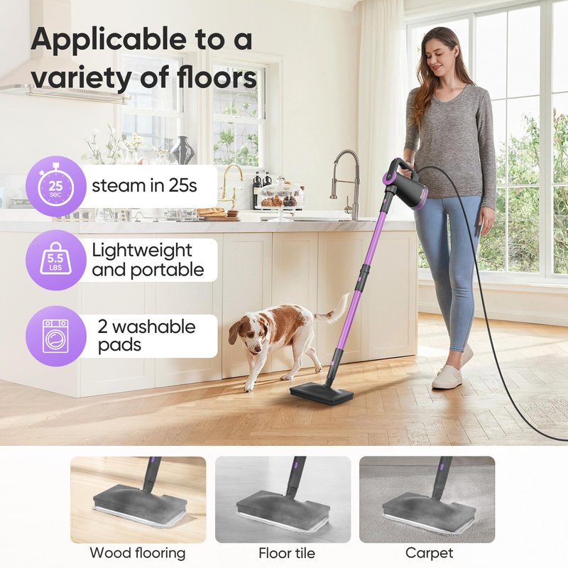 Seyola Steam Mop Cleaner for Hardwood Floor Cleaning, Hands-free Steamer Cleaner Handheld with 9-in-1 Multi-purpose Attachments for Bathroom, Windows, Sofas, Clothes, Tiles Grout (Purple-Grey)