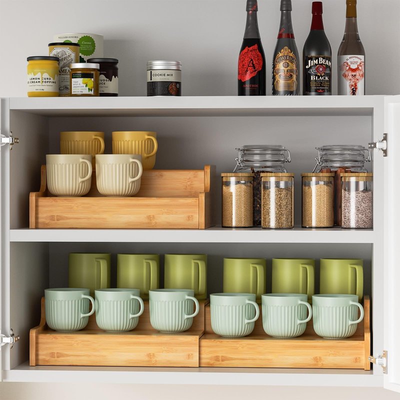 Hongtamoya 2-Tier Expandable Coffee Mug Holder, Mug Organizer for Kitchen Cabinets, Bamboo Mug Cup Rack, Multi-Functional Cup Holder Shelf, Coffee Bar Organizer, Home