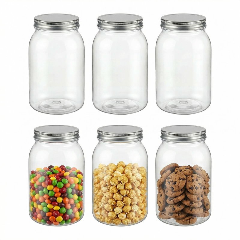 novelinks 32 oz Plastic Mason Storage Jars with Lids, 6 Pack BPA-Free Clear Plastic Jars with Lids 32oz, Leak-Proof Plastic Quart Containers for Kitchen and Home Use (Silver)