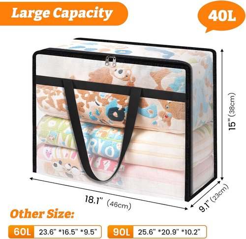 BlissTotes Clear Clothes Storage Bags - 4 Pack Foldable Under Bed Containers with Zipper & Handle (40L)