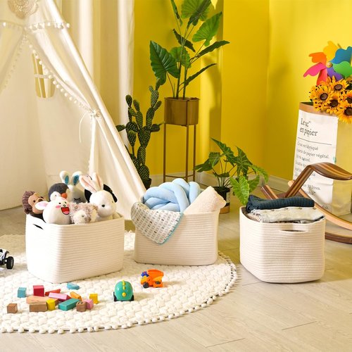 ICERZCZ Storage Baskets - Woven Cotton Rope Bins for Nursery & Home Organization | 15"x11"x9.5", Off White, 3 Pack