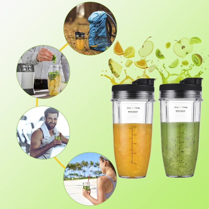 Replacement 24oz Cups for Nutri Ninja Blenders, Blender Replacement Parts with Upgraded Lid for BL450 BL454 BL480 BL482 BL640 BL642 BL682 BN801 SS101 SS351 SS401, Ninja Blender Auto IQ Blade, 2 Packs