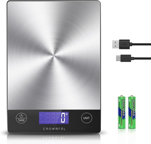 CROWNFUL Digital Kitchen Scale - 33lb Rechargeable 304 Stainless Steel | LCD Display for Accurate Grams & Ounces