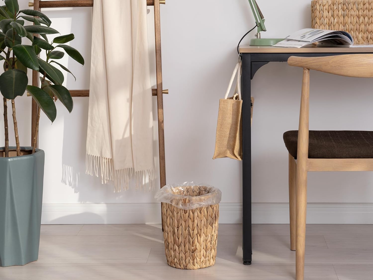 StorageWorks Wicker Waste Basket - Small Round Trash Can for Bathroom & Office | Water Hyacinth Design