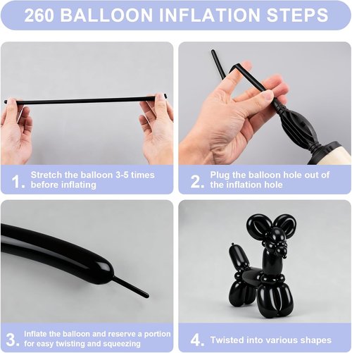 260 Premium Long Skinny Black Latex Balloons - Perfect for Twisting, Weddings & Birthday Parties